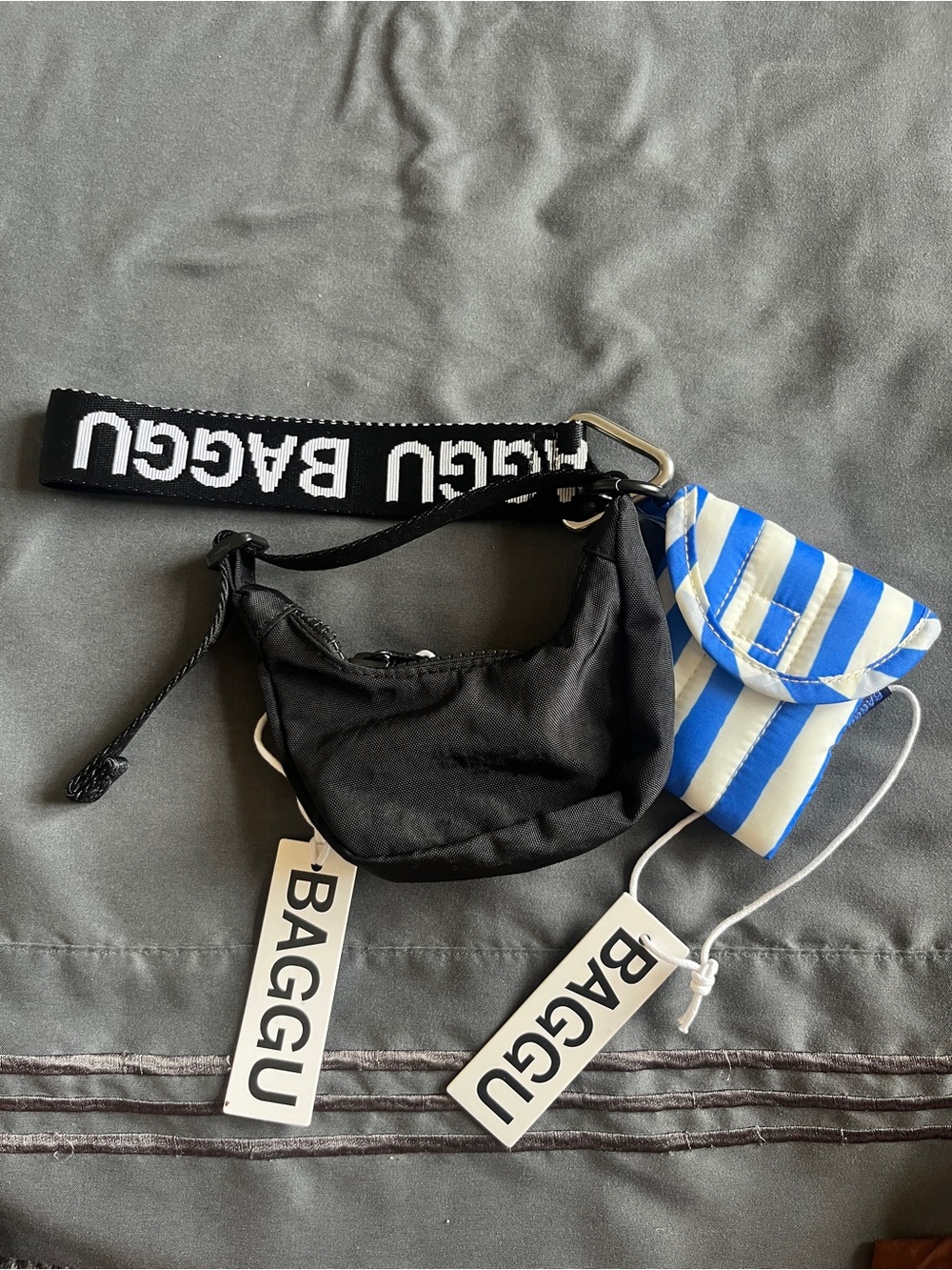BAGGU Dual Mini Pouch Set — Black + Blue/White Stripe. keychain bundle